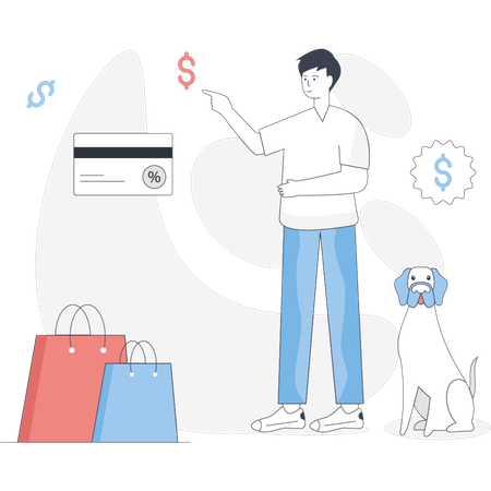 Man holds a credit card while a dog sits beside him both looking towards the camera  Illustration