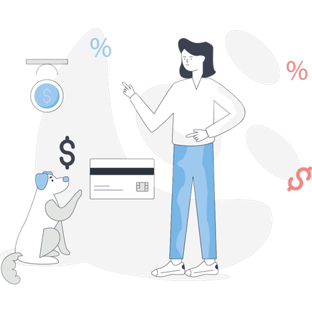 Man holds a credit card while a dog stands beside him both looking towards the camera  Illustration