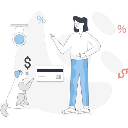 Man holds a credit card while a dog stands beside him both looking towards the camera  Illustration