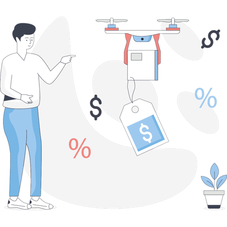 Man holds a drone with a visible price tag attached showcasing the product for potential buyers  Illustration