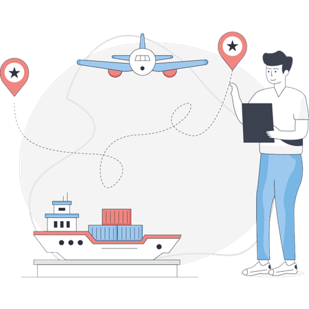 Man holds a laptop and a map featuring a plane and a ship suggesting travel planning or navigation  Illustration