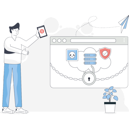 Man holds a laptop displaying a cloud icon symbolizing cloud computing or online storage  Illustration