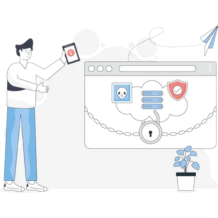 Man holds a laptop displaying a cloud icon symbolizing cloud computing or online storage  Illustration