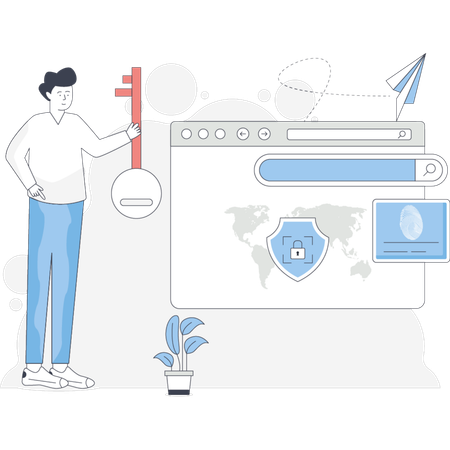 Man holds a large key symbolizing access to a website with a focused expression on his face  Illustration