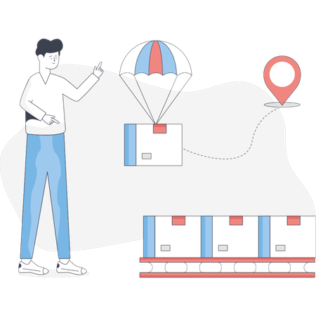 Man holds a parachute in one hand and a box with a map in the other preparing for an adventure  Illustration