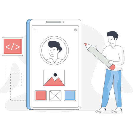 Man holds a pencil and a phone with a person standing beside him engaged in conversation or collaboration  Illustration