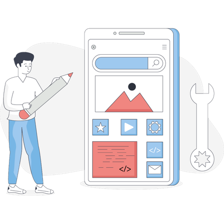 Man holds a pencil and phone beside a large screen engaged in a task or discussion  Illustration