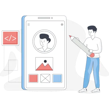 Man holds a pencil and a phone with a person standing beside him engaged in conversation or collaboration  Illustration