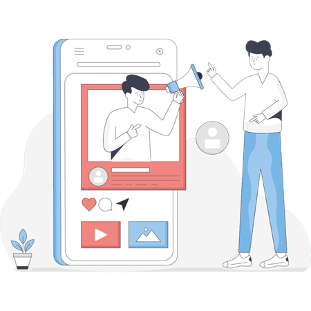 Man holds a phone while pointing at a video displayed on the screen  Illustration