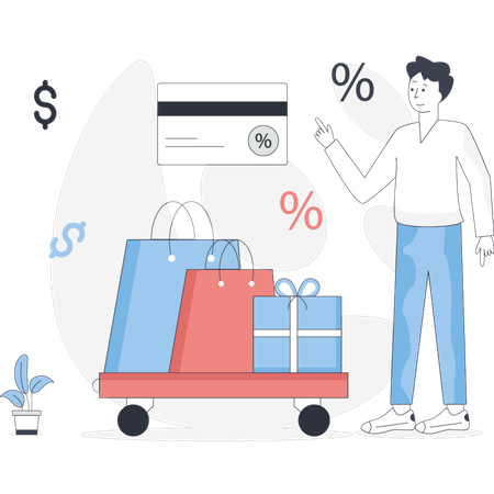 Man holds a shopping cart while displaying a credit card ready to make a purchase  Illustration