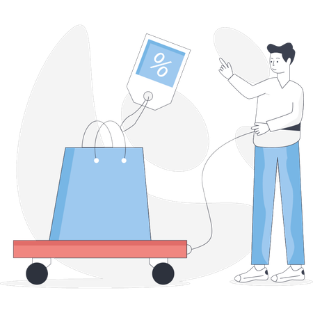 Man holds a shopping cart while looking at a tablet possibly browsing items or managing his shopping list  Illustration