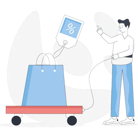 Man holds a shopping cart while looking at a tablet possibly browsing items or managing his shopping list  Illustration