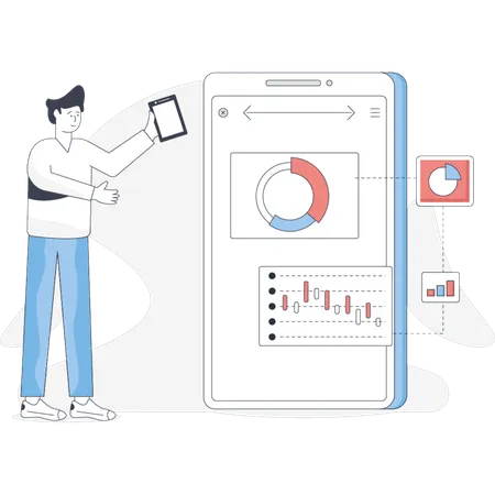 Man holds a smartphone displaying a graph indicating data trends or statistics  Illustration