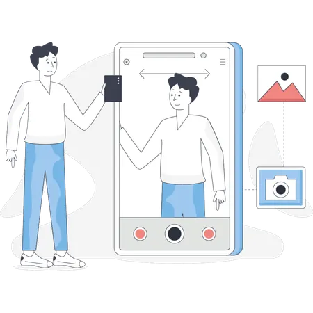 Man holds a smartphone up preparing to take a picture in a casual outdoor setting  Illustration