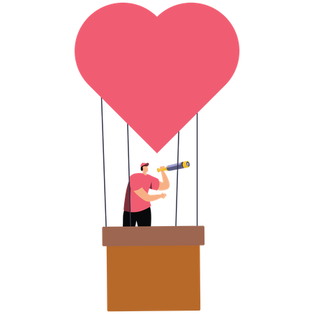 Man holds a telescope on a heart shape balloon  Illustration