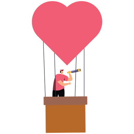 Man holds a telescope on a heart shape balloon  Illustration