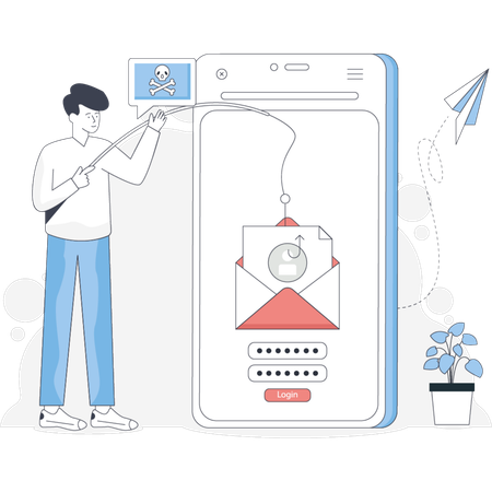 Man holds an envelope in one hand while looking at his phone with a focused expression  Illustration