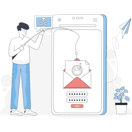 Man holds an envelope in one hand while looking at his phone with a focused expression  Illustration