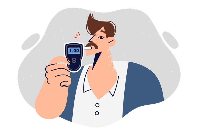 Man holds breathalyzer to check presence of alcohol in blood and ability to drive car after party  Illustration