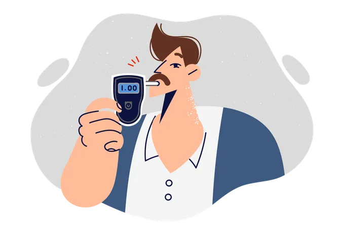 Man holds breathalyzer to check presence of alcohol in blood and ability to drive car after party  イラスト