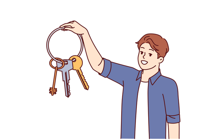 Man holds bunch of keys of house and feeling safety  일러스트레이션
