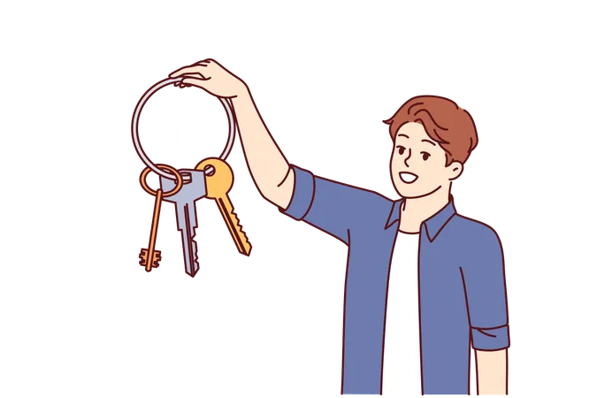 Man Holds Bunch Of Keys From Entrance To House And Garage Or Safe And Smiles Feeling Safety Thanks Presence Of Reliable Locks Owner Of Property Shows Off Keys To Doors To Apartment Illustration