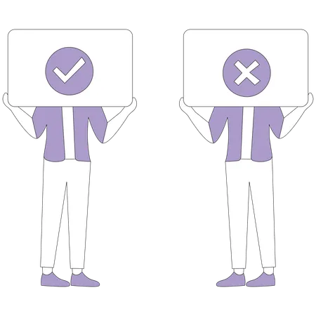 Man holds check mark and cross  Illustration