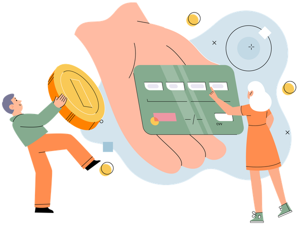 男性がドル硬貨を持ち、顧客がクレジットカードを持っている  イラスト