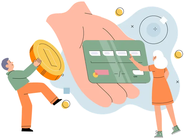 男性がドル硬貨を持ち、顧客がクレジットカードを持っている  イラスト