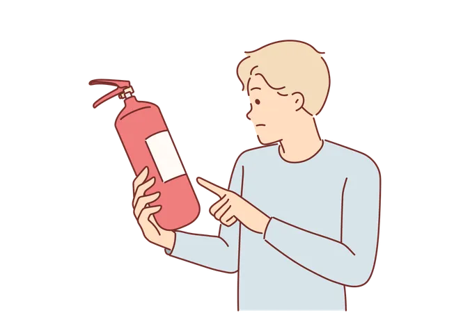 Man Holds Fire Extinguisher Checking Expiration Date Of Equipment For Extinguishing Flame In Emergency Guy Controls Quality Of Fire Extinguisher For Concept Of Preventive Measures To Combat Burning 일러스트레이션