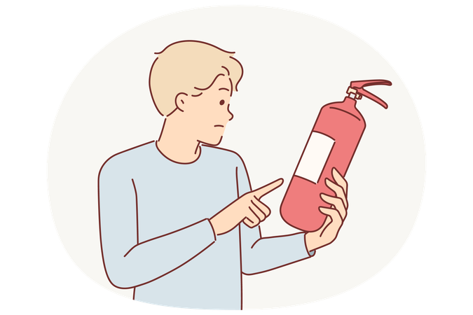 Man holds fire extinguisher checking expiration date equipment for extinguishing flame in emergency  Illustration
