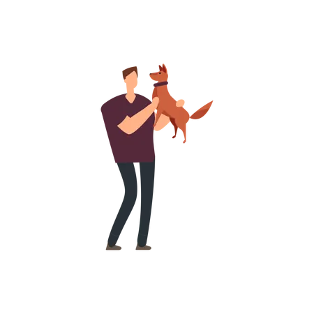 Man holds his dog in his arms  イラスト