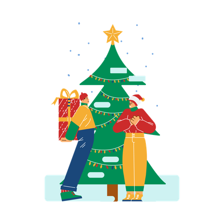 Man holds large gift box behind back is going to give woman  Illustration
