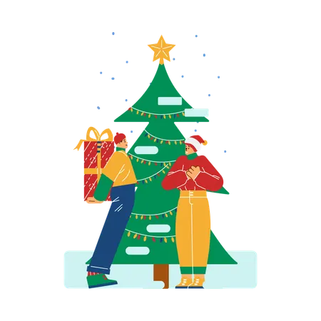 Man holds large gift box behind back is going to give woman  Illustration