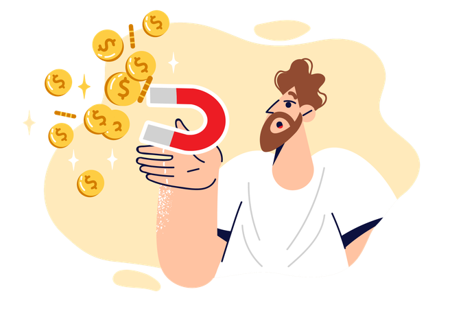 Man holds magnet that attracts gold coins and is engaged in money making  Illustration