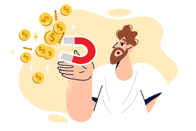 Man holds magnet that attracts gold coins and is engaged in money making  Illustration