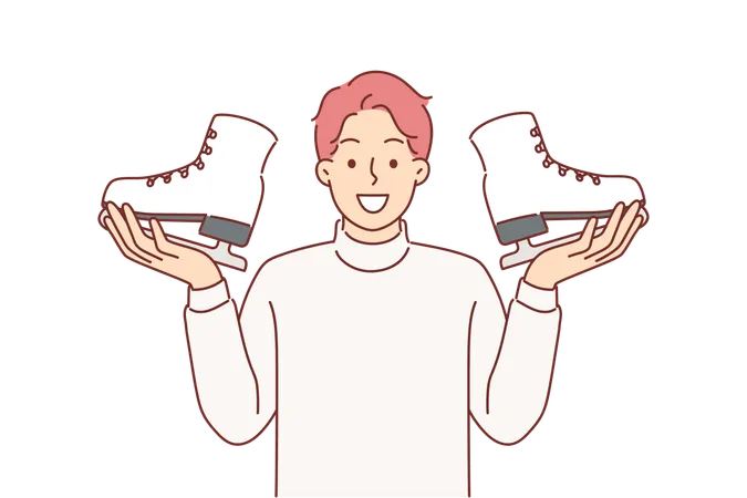 Man holds pair of ice skates in hands inviting you to sign up for figure skating or hockey courses  Illustration