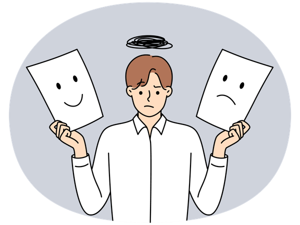 Man holds two sheets of paper with different emotions symbolizing mood swings  Illustration