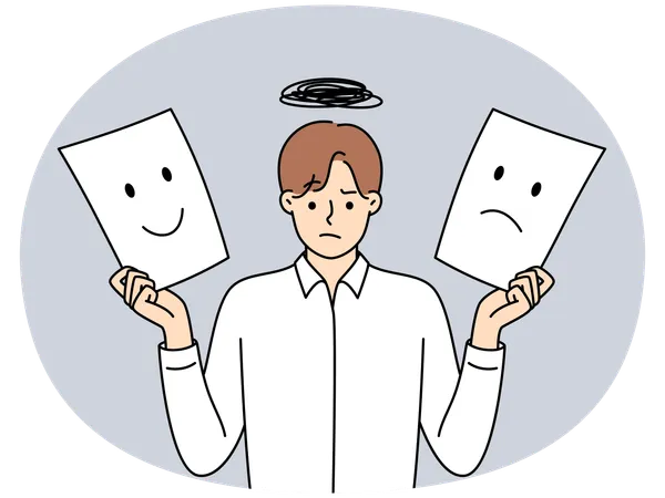 Man holds two sheets of paper with different emotions symbolizing mood swings  Illustration
