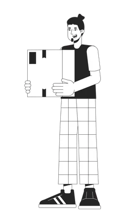 Caucasian Man Holding Parcel Cardboard Box Black And White 2 D Line Cartoon Character European Guy Carrying Package Isolated Vector Outline Person Home Delivery Monochromatic Flat Spot Illustration Illustration