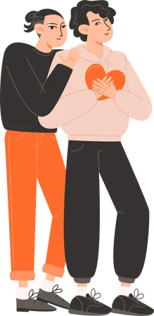 Man hugs a man holding hearts for Valentines Day  Illustration