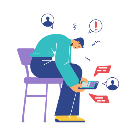 Man hunched sitting on chair in phone  Illustration