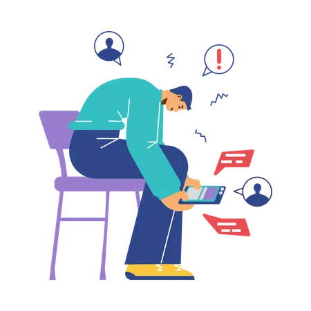 Man hunched sitting on chair in phone  Illustration