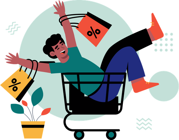 Man hunting for discounts on trolley  Illustration