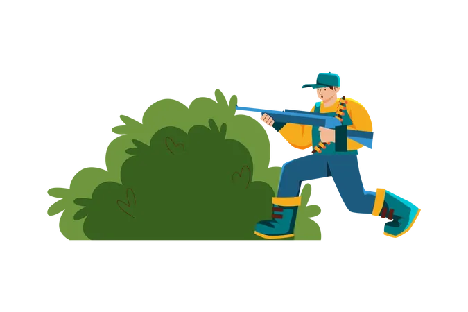 Man hunting while hide behind bush  Illustration