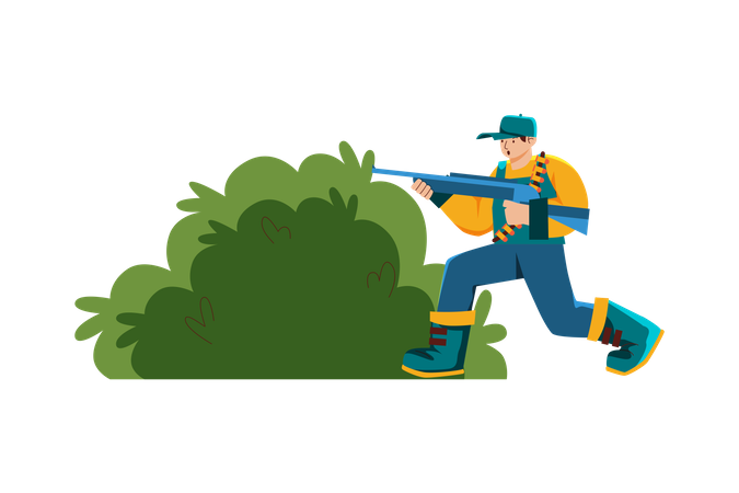 Man hunting while hide behind bush  Illustration