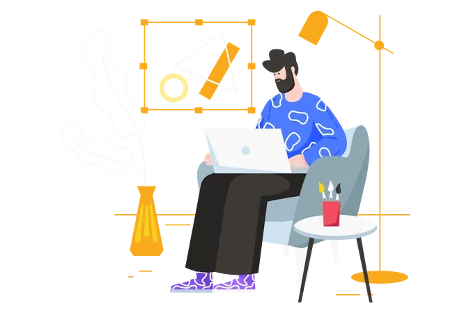 Designer Working At Design Studio Modern Flat Concept Man Illustrator Working On Laptop Drawing And Creating New Artwork While Sitting Armchair Vector Illustration With People Scene For Web Banner Illustration