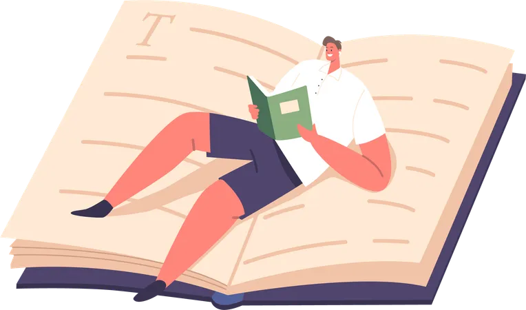Man Engrossed In Reading Lying On Huge Open Book Male Character Immersed In A World Of Words His Eyes Focused Lost In The Pages Of Knowledge And Adventure Cartoon People Vector Illustration Illustration
