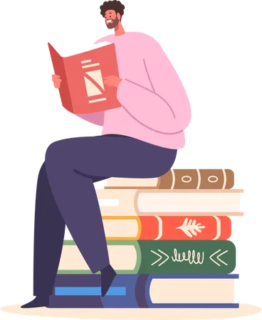 Man Sitting On Pile Of Books Engrossed In Reading His Focused Eyes Scanning The Pages Lost In A World Of Words And Imagination Oblivious To His Surroundings Cartoon People Vector Illustration Illustration