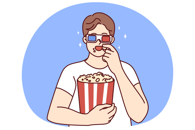 Man in 3D glasses eating popcorn  Illustration